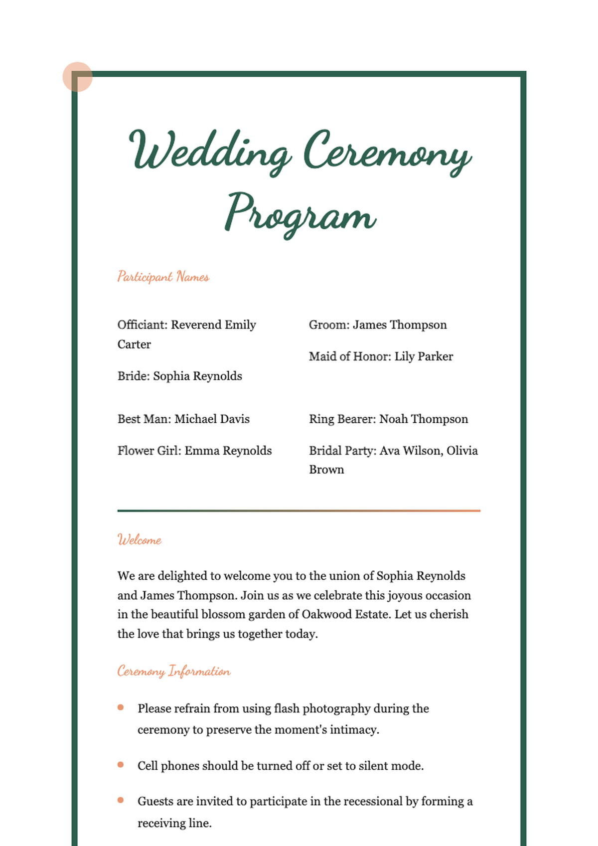 Floral wedding ceremony program guide with yellow background and Brides branding_variant_1